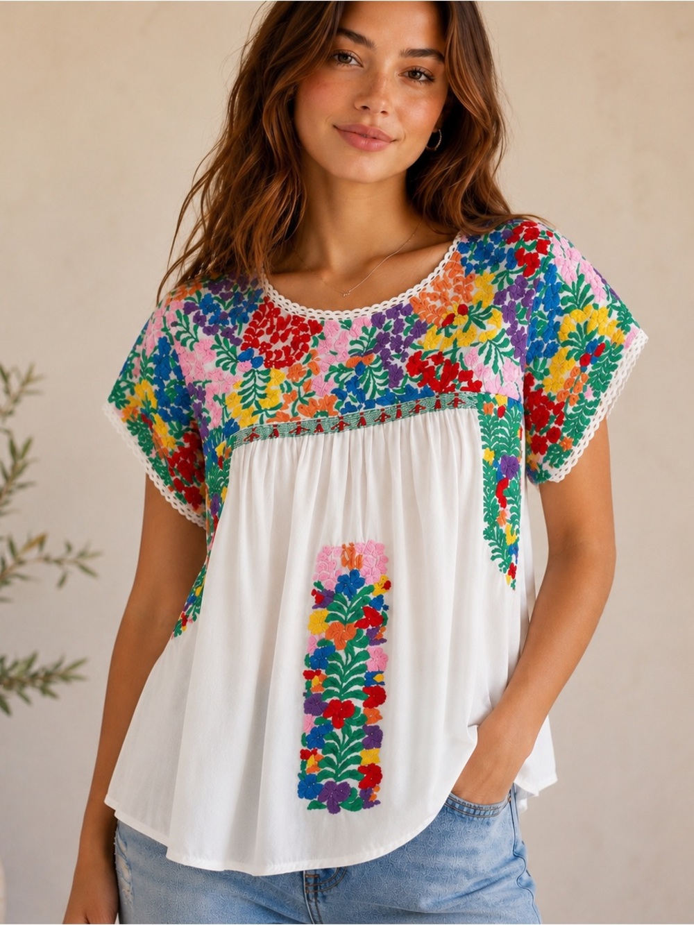 J. Marie Collections White Embroidered Floral Peasant Blouse Small Boho
